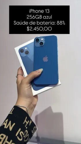 iPhone 13 / 256GB / Azul / Saúde de bateria 88% / R$ 2.450,00