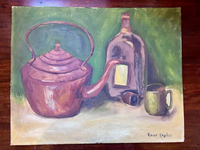Quadro Pintura natureza morta -bule de cobre , garrafa e caneca - por Rose kaplan