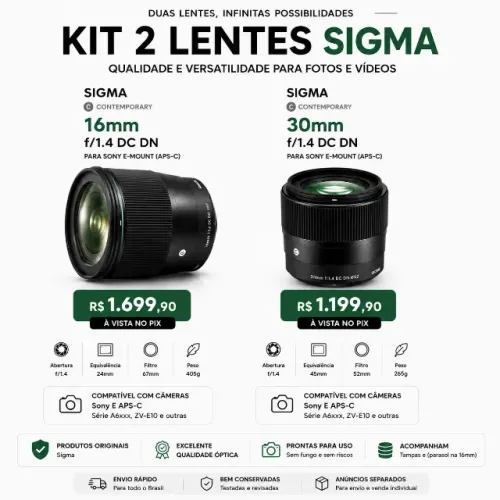 Venda Separadamente Lente Sigma 16mm 30mm Sony E A6000 A6100 A6300 A6400 A6500 ZV-E10