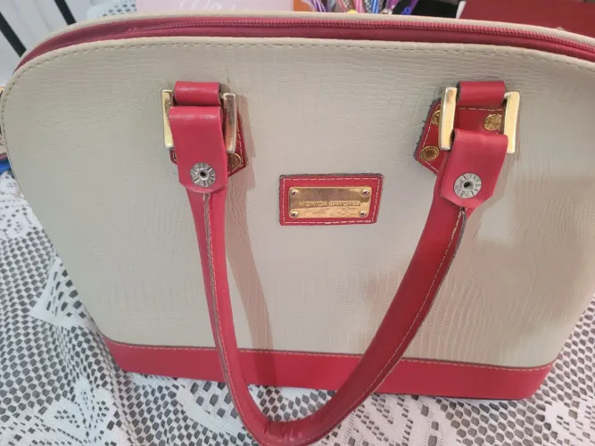 Bolsa Mônica Sanches de ombro/bege e vermelho 