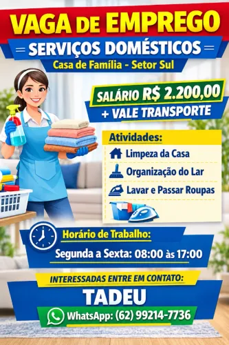 Oportunidade para Serviços Domésticos | Casa de Família - Setor Sul - Goiânia