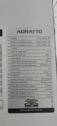 Ar condicionado Agratto NeoTop inverter 12mil BTUS 220 v modelo icst12fr4-02