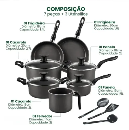 [NOVO] Conjunto Panelas Antiaderente 10 Peças Teflon - preto com bege