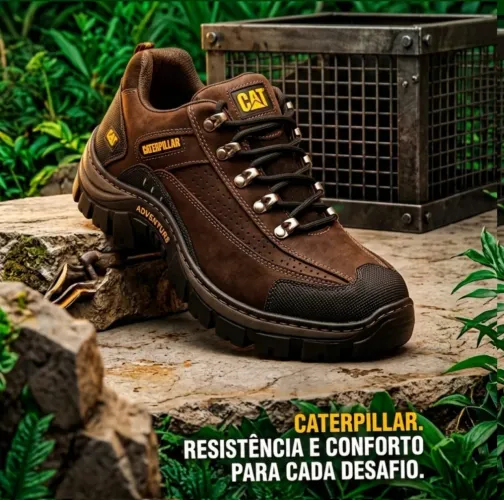 Bota Estilo Sapatênis Caterpillar Adventure Trilha Marrom - Cano Baixo Rugged Couro Nobuck
