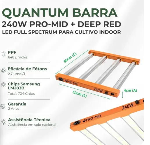 Painel de LED Quantum Barra 240W PRO-MID Chips Samsung LM283B - Cultivo Indoor