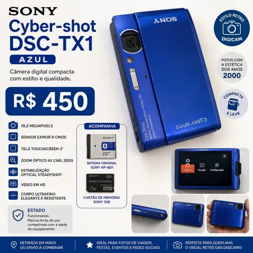 Sony Cyber-shot DSC-TX1 Azul + Bateria Original + Cartão 1GB | Digicam Retrô