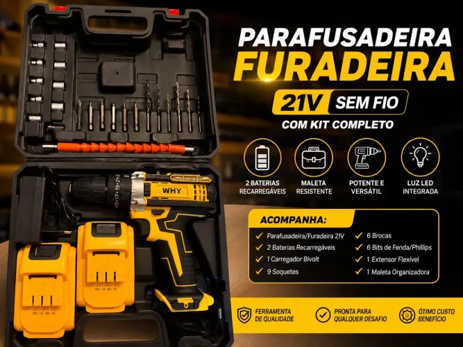Kit Parafusadeira Sem Fio + Brocas + Bits + Maleta