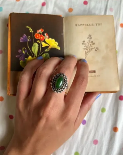 Anel Vintage Vitoriano Prata 925 Pedra Natural de Jade Anos 70 Aro 15