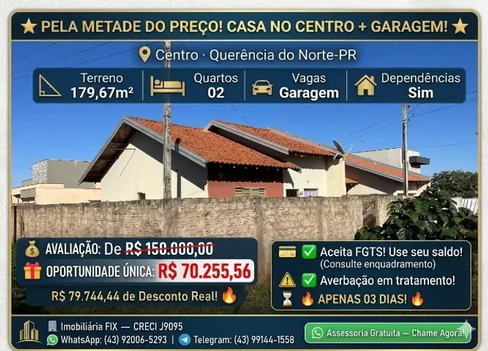 ? PELA METADE DO PREÇO! CASA NO CENTRO + GARAGEM! ? Centro · Querência do Norte-PR