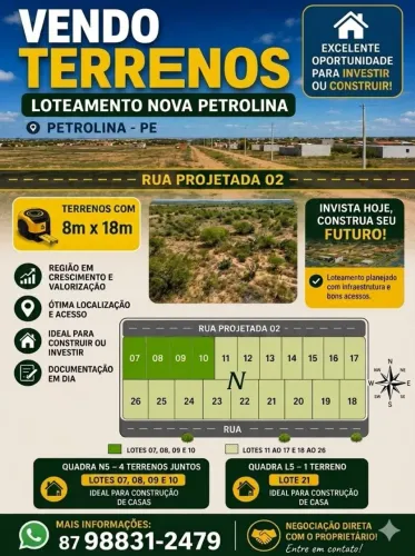 Vendo 4 lotes integrados no Nova Petrolina(Lotes 7, 8, 9 e 10 Quadra N) Área total 576m².