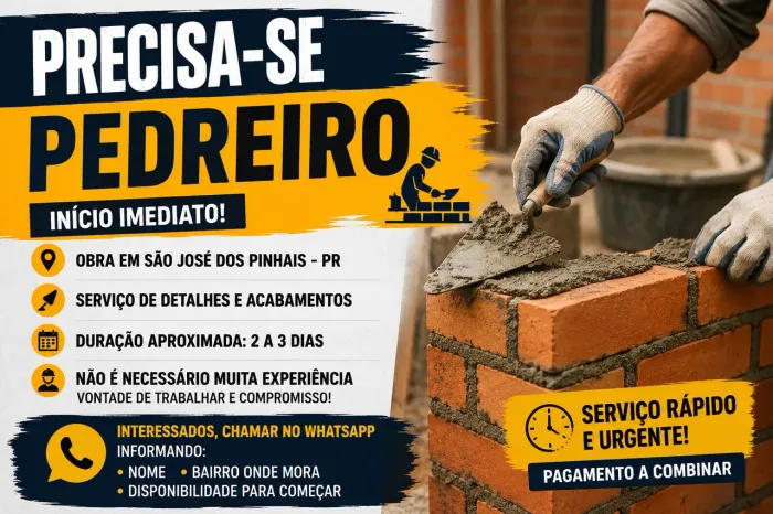 Precisa-se de Pedreiro - Início Imediato | São José dos Pinhais