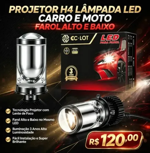 Projetor H4 Lampada Led Carro e Moto Farol Alto E Baixo