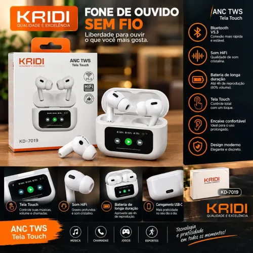 Fone de ouvido Bluetooth 5.3 Kaidi Kd-7019 Tela Touch Branco