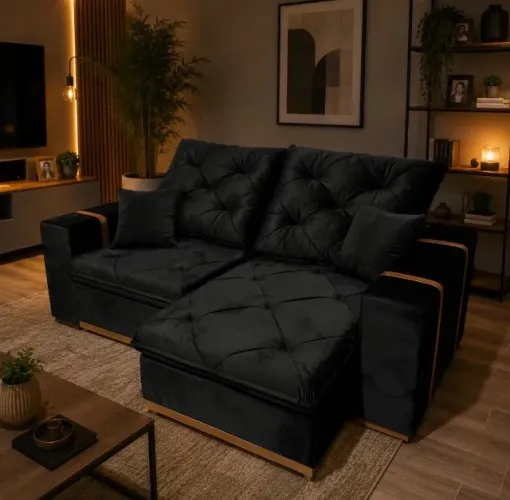 Sofá Retrátil e Reclinável Confort Elegance 2,20 m Veludo Preto