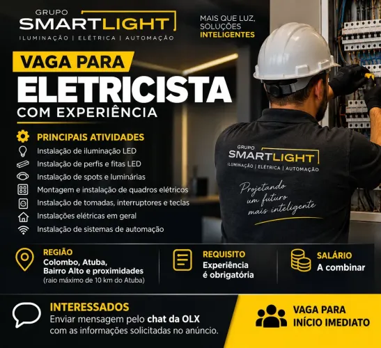 Vaga para eletricista instalador iluminação e elétrica residencial e comercial