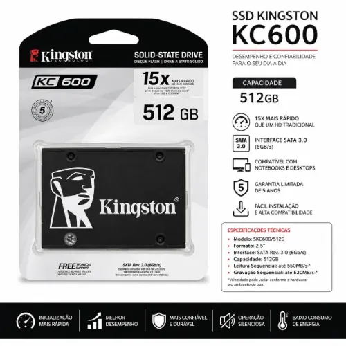 SSD 512gb Kingston KC600 SATA 2.5 6Gb/s Leitura 550MB/s Notebook PC Novo