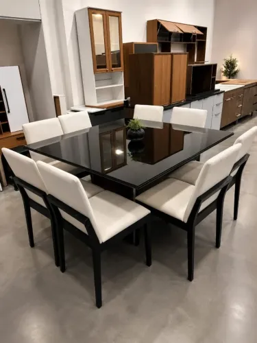 Mesa de Jantar Elegance 8 Lugares com Tampo de Vidro Preto e Cadeiras Estofadas