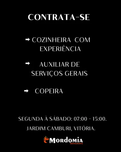 VAGAS DISPONÍVEIS EM RESTAURANTE.