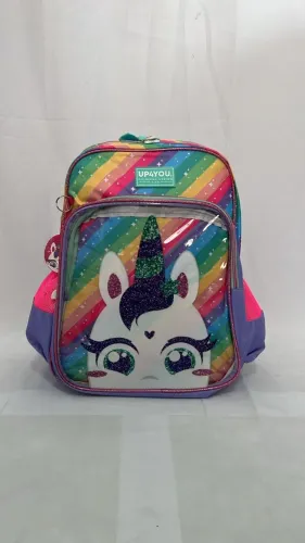 Mochila infantil Unicórnio arco-íris feminina de costas