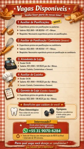 Estamos contratando para as seguintes vagas: