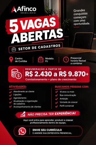 5 VAGAS URGENTES! SEM EXPERIÊNCIA ? CENTRO DE CURITIBA