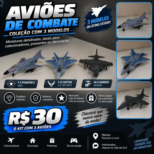Lote Com 3 Miniaturas de Aviões Caça Militar / Colecionáveis