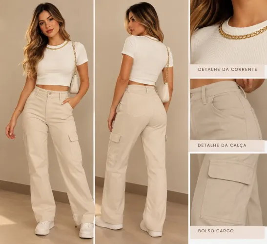 Cropped Branco + Calça Cargo Bege
