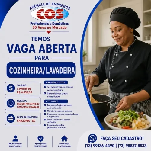 VAGA DE COZINHEIRA PARA CRISCIÚMA