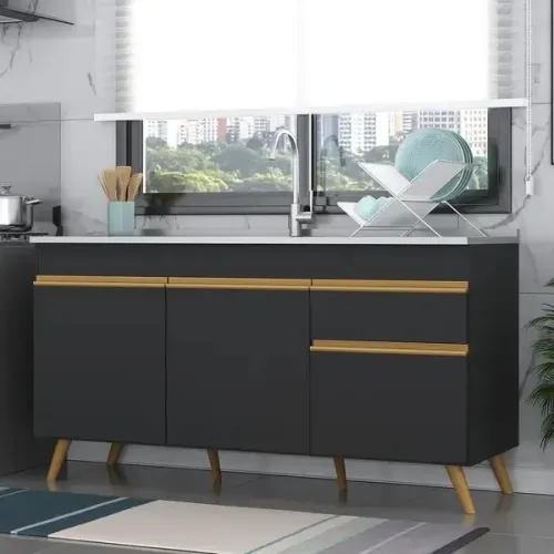 Balcão Cozinha Gabinete Pia 150 cm 3 Portas 1 Gaveta Veneza