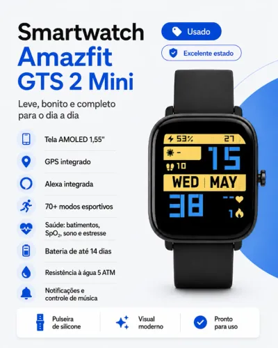 Smartwatch Amazfit GTS 2 Mini AMOLED com GPS, excelente estado