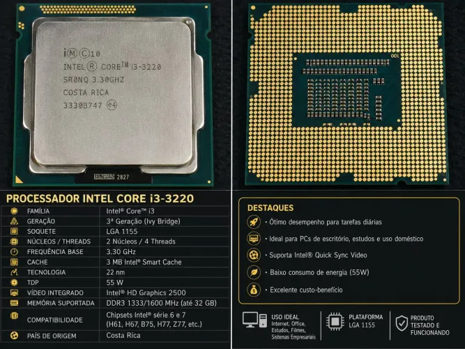 Processador Intel Core i3 LGA 1155 - Testado e Funcionando