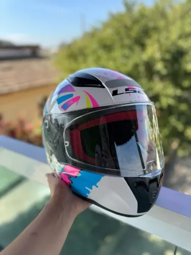 Capacete LS2 FF353 Feminino - Branco/Rosa/Azul | Excelente Estado