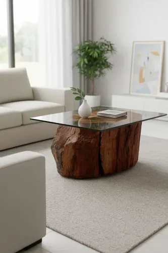 Mesa de Centro em Tronco de Angelim Pedra com Vidro Laminado - Design Natural e Exclusivo
