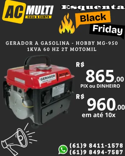 Gerador a Gasolina - hobby MG-950 1KVA 60 Hz 2T Motomil