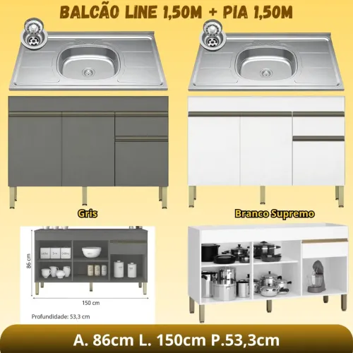 Balcão 1.50 MDP + Pia inox - Entrega e montagem grátis