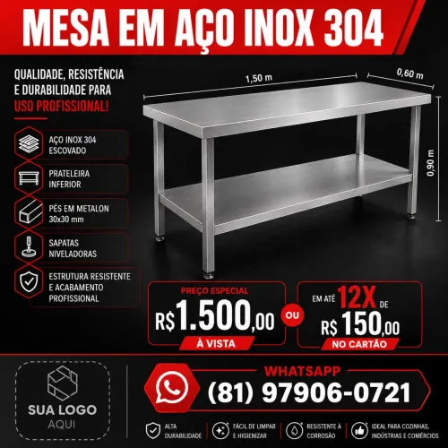 Mesa inox 304 com prateleira inferior 1.50x0.60x0.90m