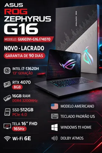 Notebook Gamer ASUS ROG Zephyrus G16 RTX 4070 i7-13620H 16GB Novo Lacrado 