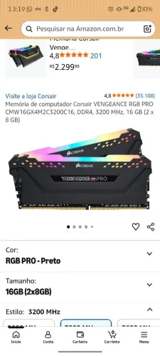 Memória ram 2x8gb 3200MHz Corsair Pro RGB