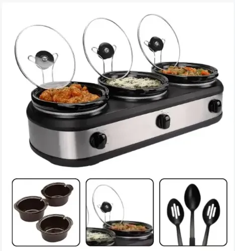 Rechaud Elétrico Triplo Buffet Slow Cooker Inox 220v 420w 3 Panelas Cubas de Cerâmica