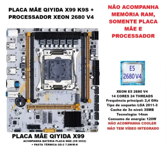 PLACA MÃE QIYIDA X99 K9S + PROCESSADOR XEON 2680 V4 + Envio para todo Brasil