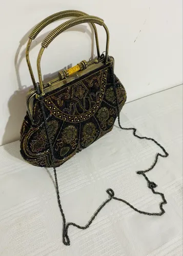 Bolsa Clutch Antiga Anos 60 Bordada À Mão Miçangas Metal