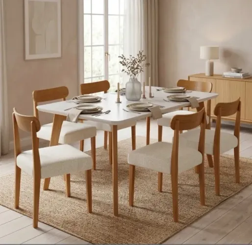 Conjunto de Jantar Treviso 6 Lugares Mel com Cadeiras em Linho Palha