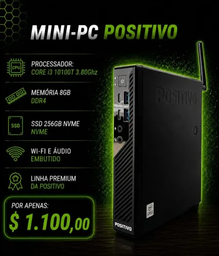 CPU Mini Positivo Core i3 10100T até 3.8Ghz / Mem. 8Gb / SSD 256Gb Nvme (aceito cartão)