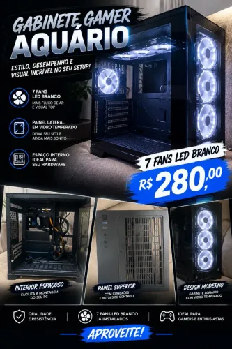 Gabinete gamer aquário com 7 fans led branco.