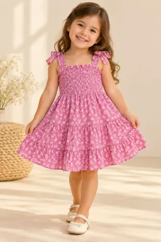 Vestido Infantil Floral Rosa com Babados - Tam. 3 (até 98 cm)