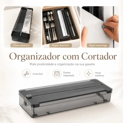 Organizador de Rolos Duplo e Cortador de Plástico Filme Papel Alumínio Manteiga Ou 37cm x