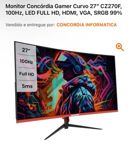 Monitor Concórdia Gamer Curvo 27" CZ270F, 100HZ, LED FULL HD, HDMI, VGA, SRGB 99%