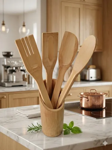 Conjunto Talheres Bambu 5 Peças Colher Garfo Espátulas