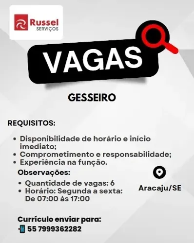 Vaga para Gesseiro com experiência em estruturas lisas, temos uma ótima oportunidade!