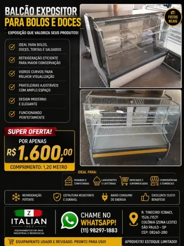 Balcão Expositor Refrigerado Gás Forçado para Bolos e Doces
